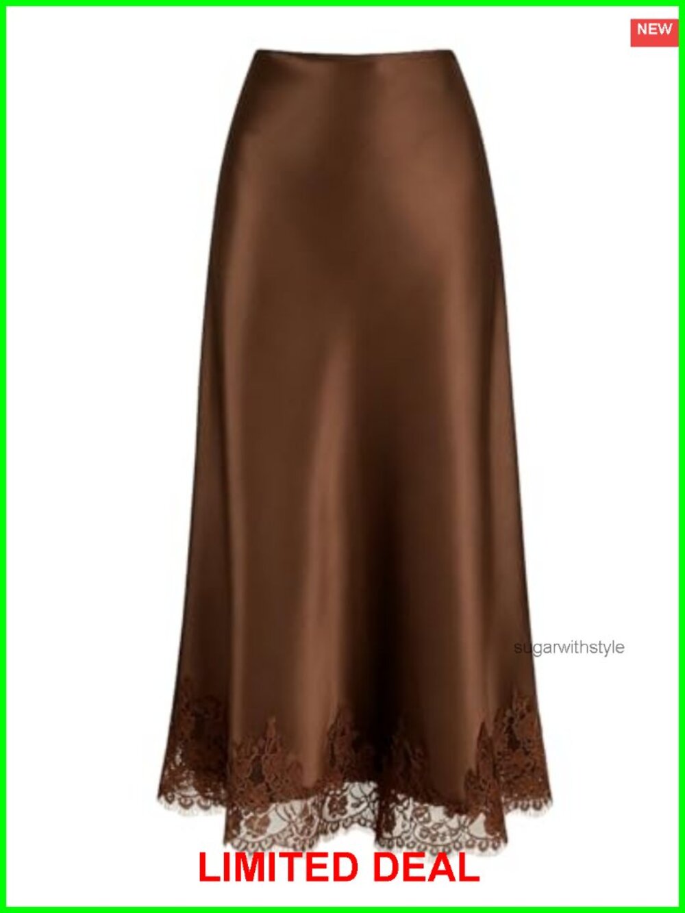 Lace Trim Satin Midi Skirt High Waisted Long A-Line